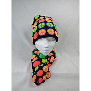 Toby NYC Neon Bright Rainbow Color Peace Sign Girls Ladies Fun Beanie And Scarf